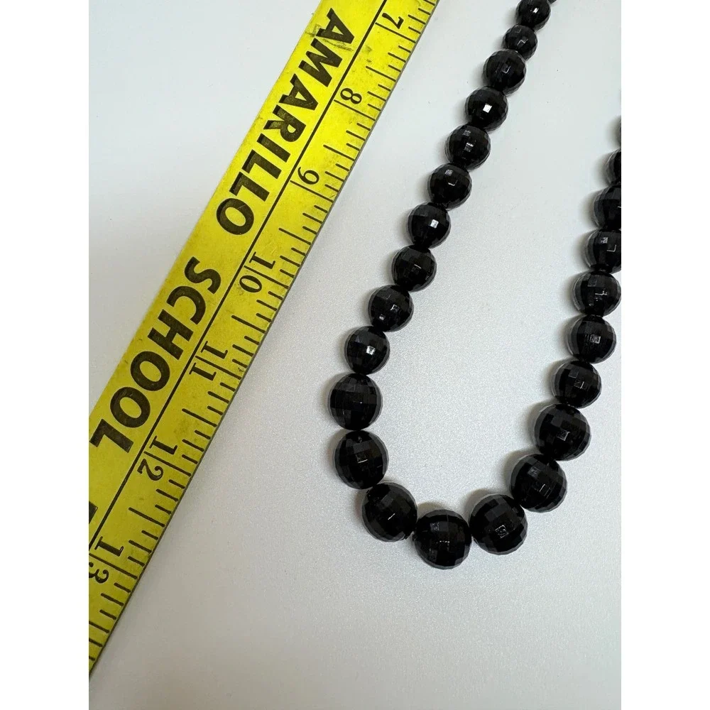 Vintage Graduated Faceted Black Bead Necklace Gold Tone Spring Ring Clasp 22